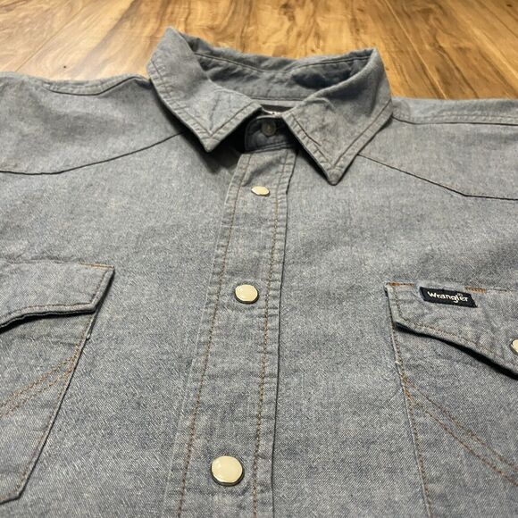 Wrangler Western Pearl Snap Light Wash Denim Long Sleeve Shirt Mens XXL - Picture 9 of 11